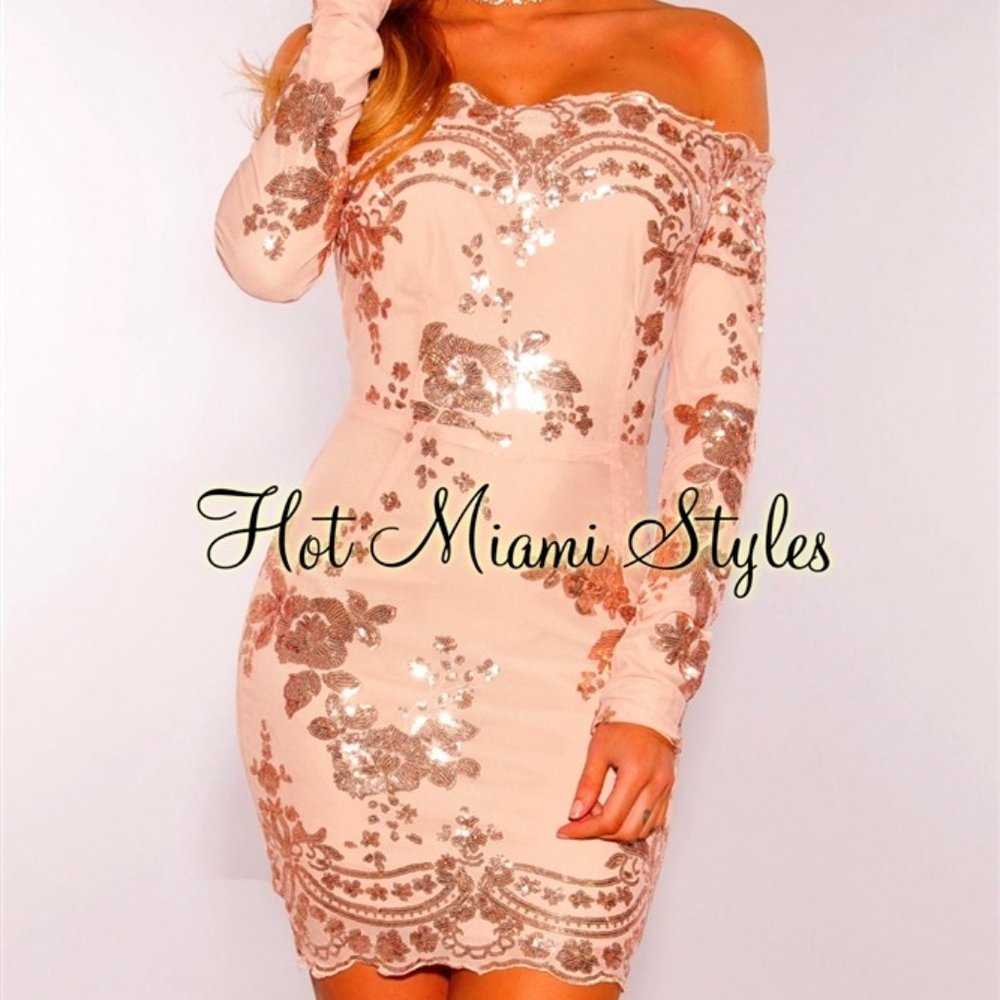 Rose Gold Floral Sequins Off Shoulder Dress